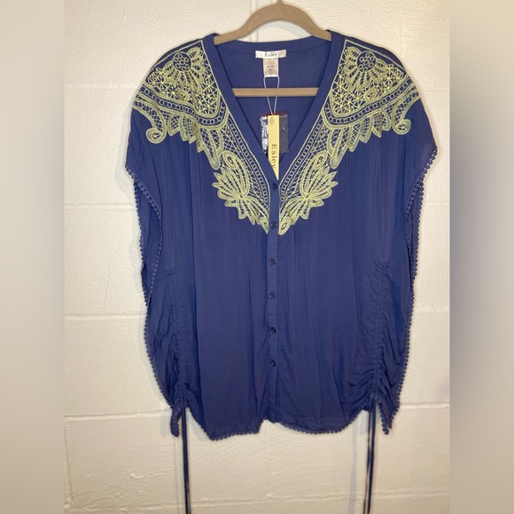 ⭐️ Esley Blue Yellow Embroidered Boho Beach Cover-up  Women's Size Small - Picture 2 of 14